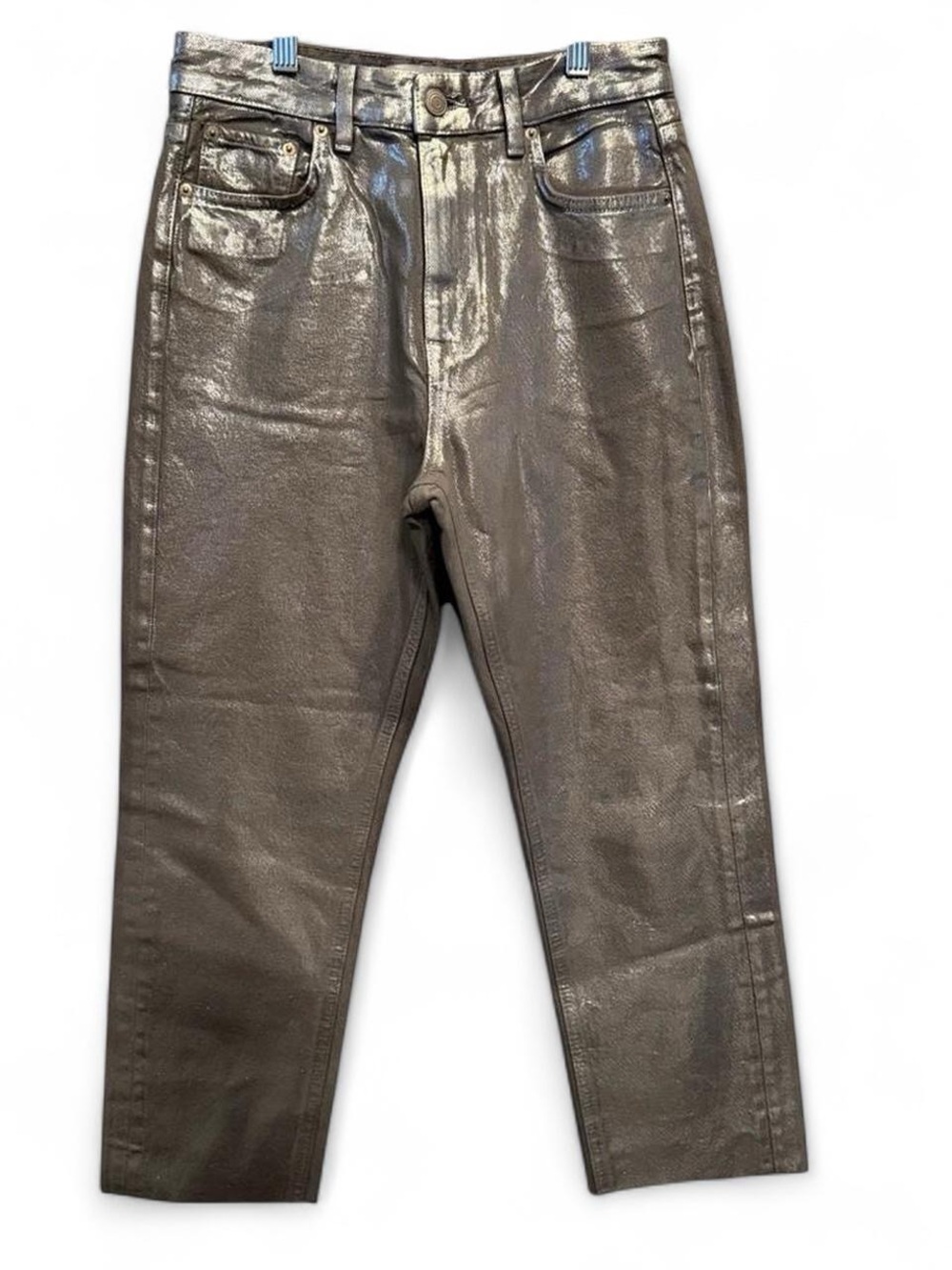 Zara Women’s Metallic Shiny Silver Straight Cropped Festival Jeans Size 4 NYE